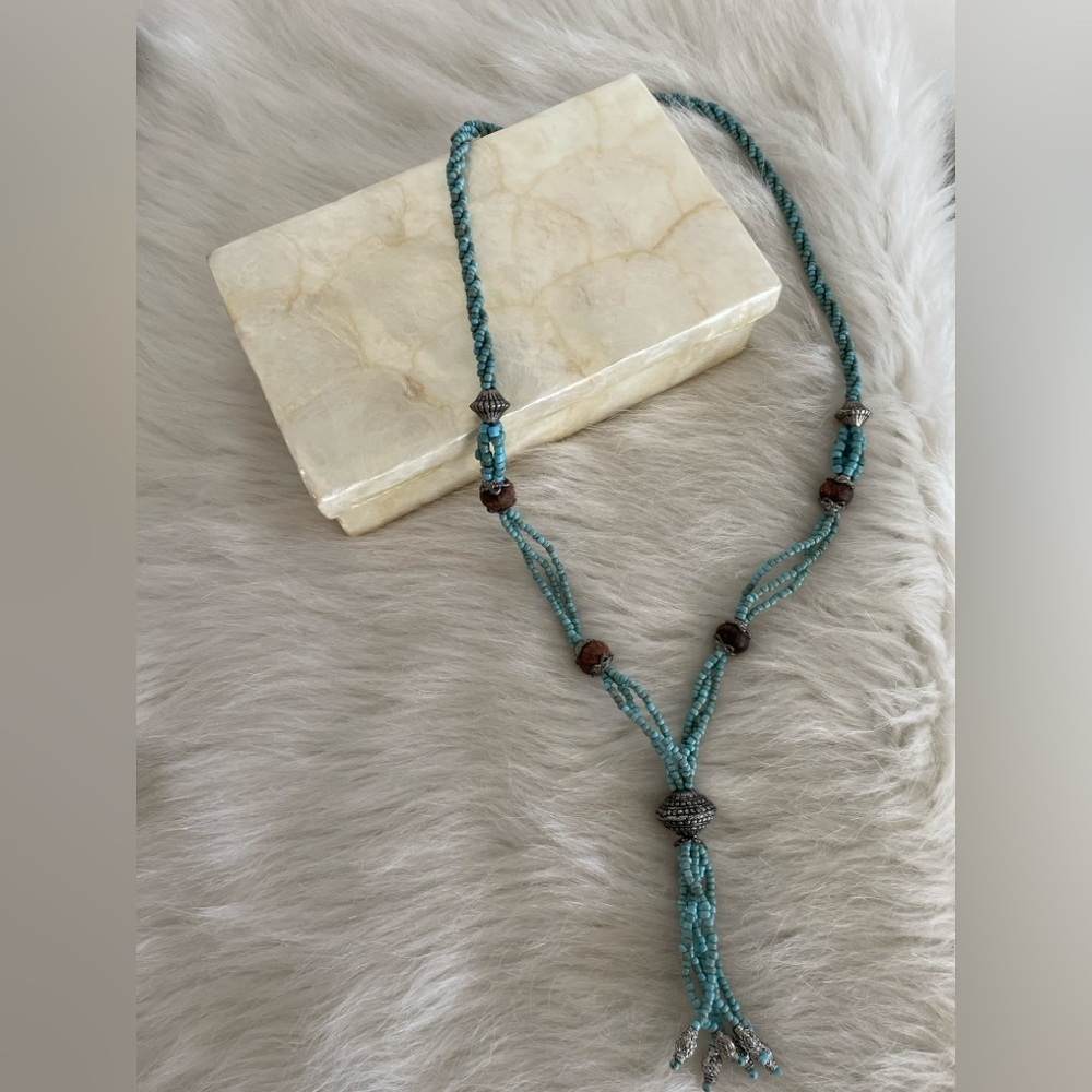 Vintage Teal Beaded Tassel long Necklace